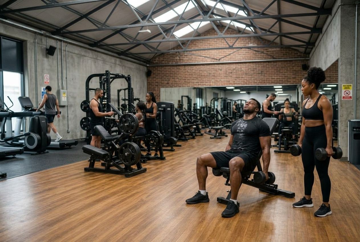 Members training with weights in a busy, well equipped gym, everyone dressed in black