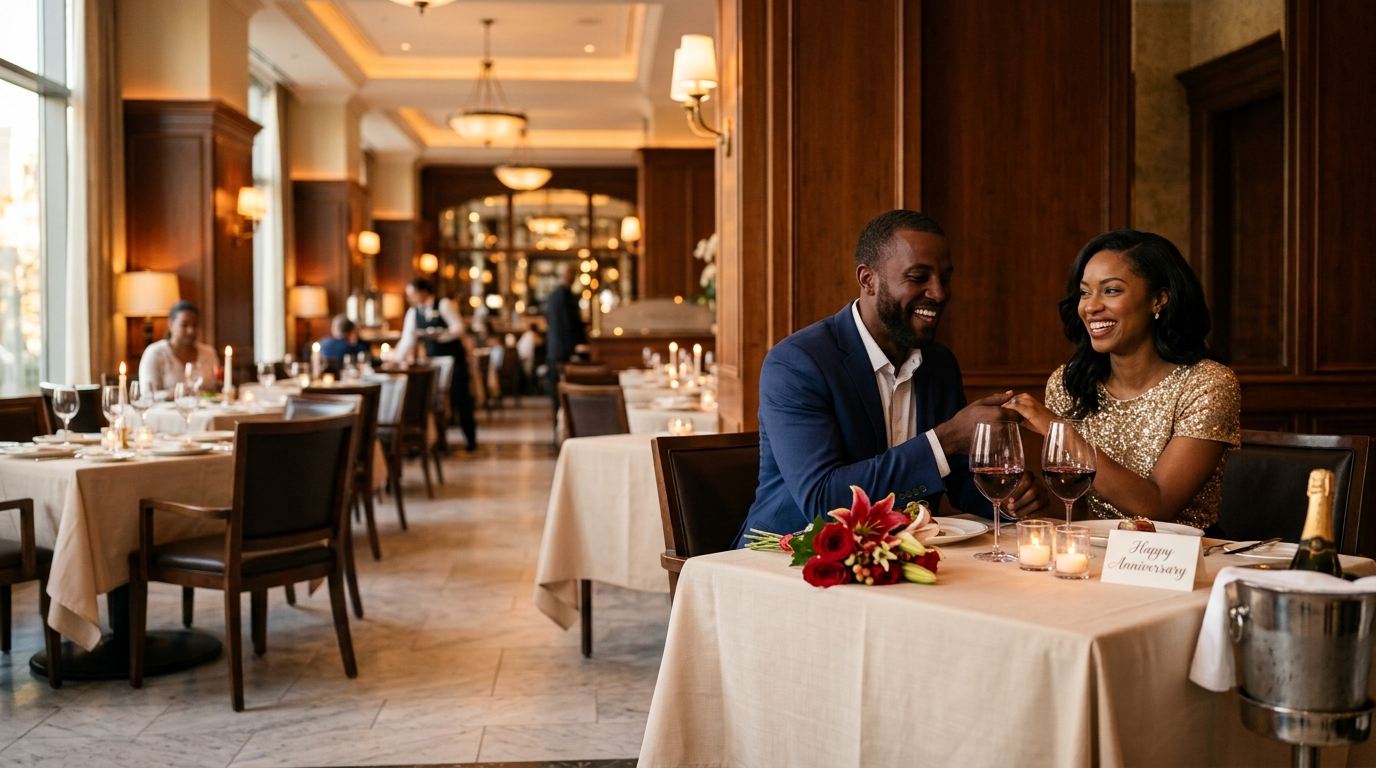 A smiling couple holding hands at a restaurant table set with flowers, champagne and a Happy Anniversary card