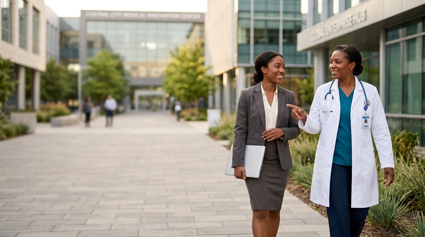 Two women walking outside a modern medical building, one in a white coat and one in a grey suit holding a laptop