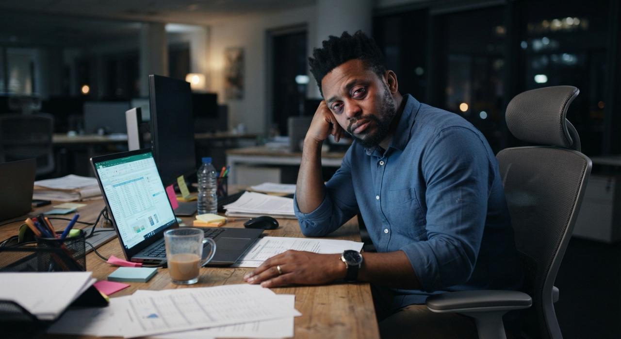 Tired man slumped at his desk late at night