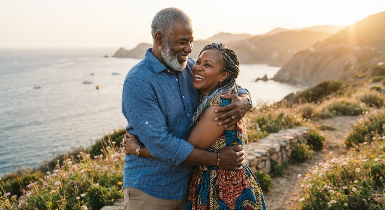 Older couple embracing at sunset on a coastal clifftop