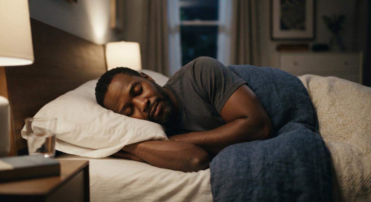 Man sleeping peacefully in bed at night
