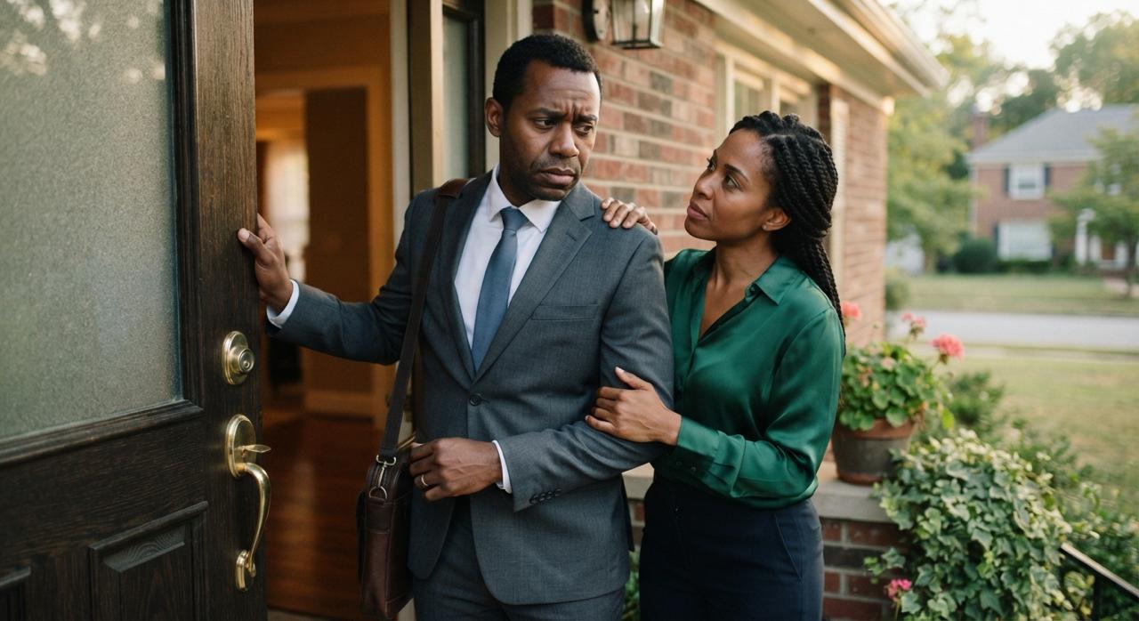 Concerned couple pausing at their front door