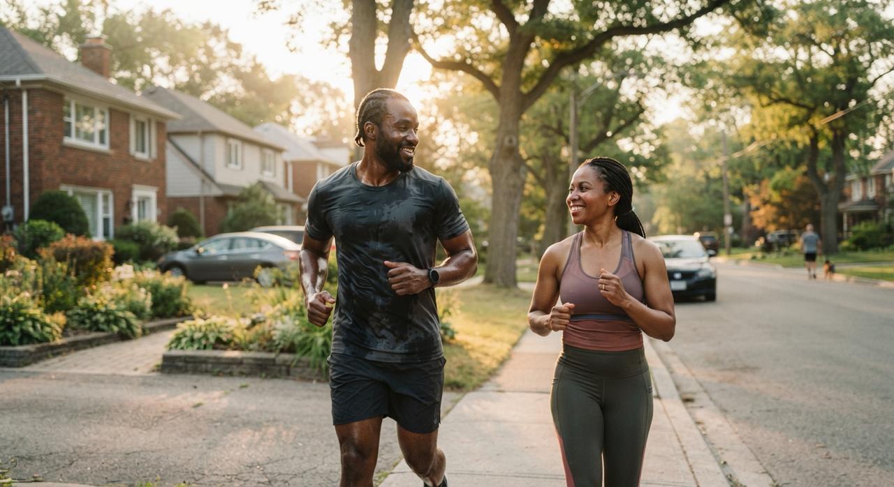 Couple jogging together through their neighbourhood